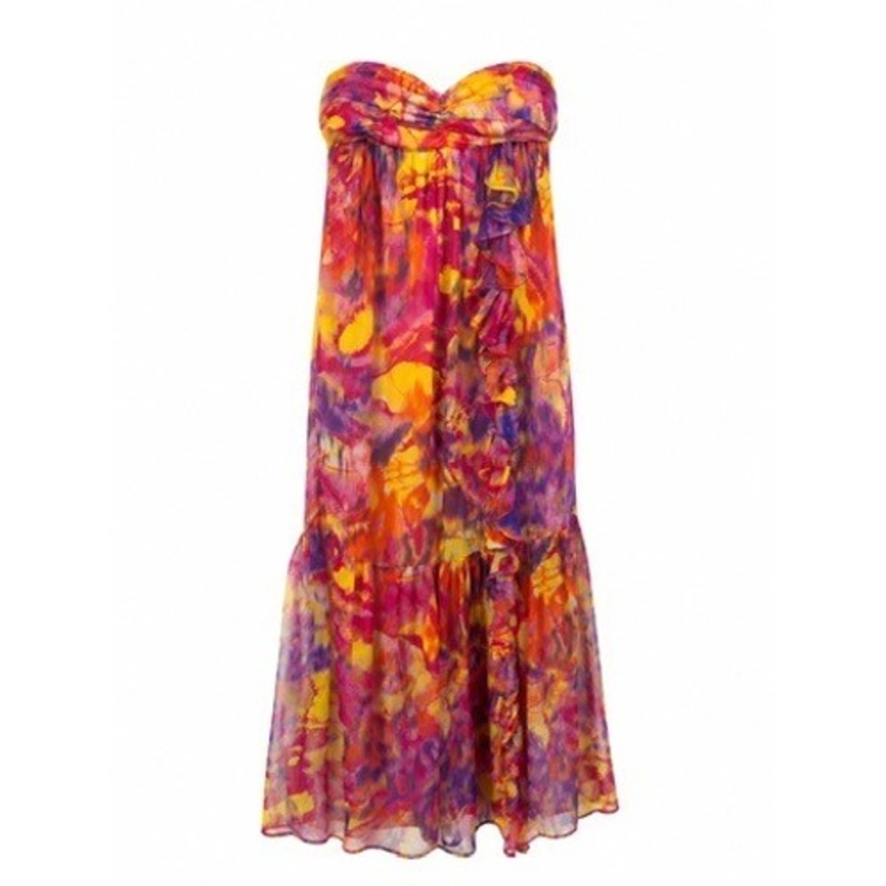 Wink Silk Watercolor Abstract Ruffle Maxi Dress Pink Multicolor Strapless XS